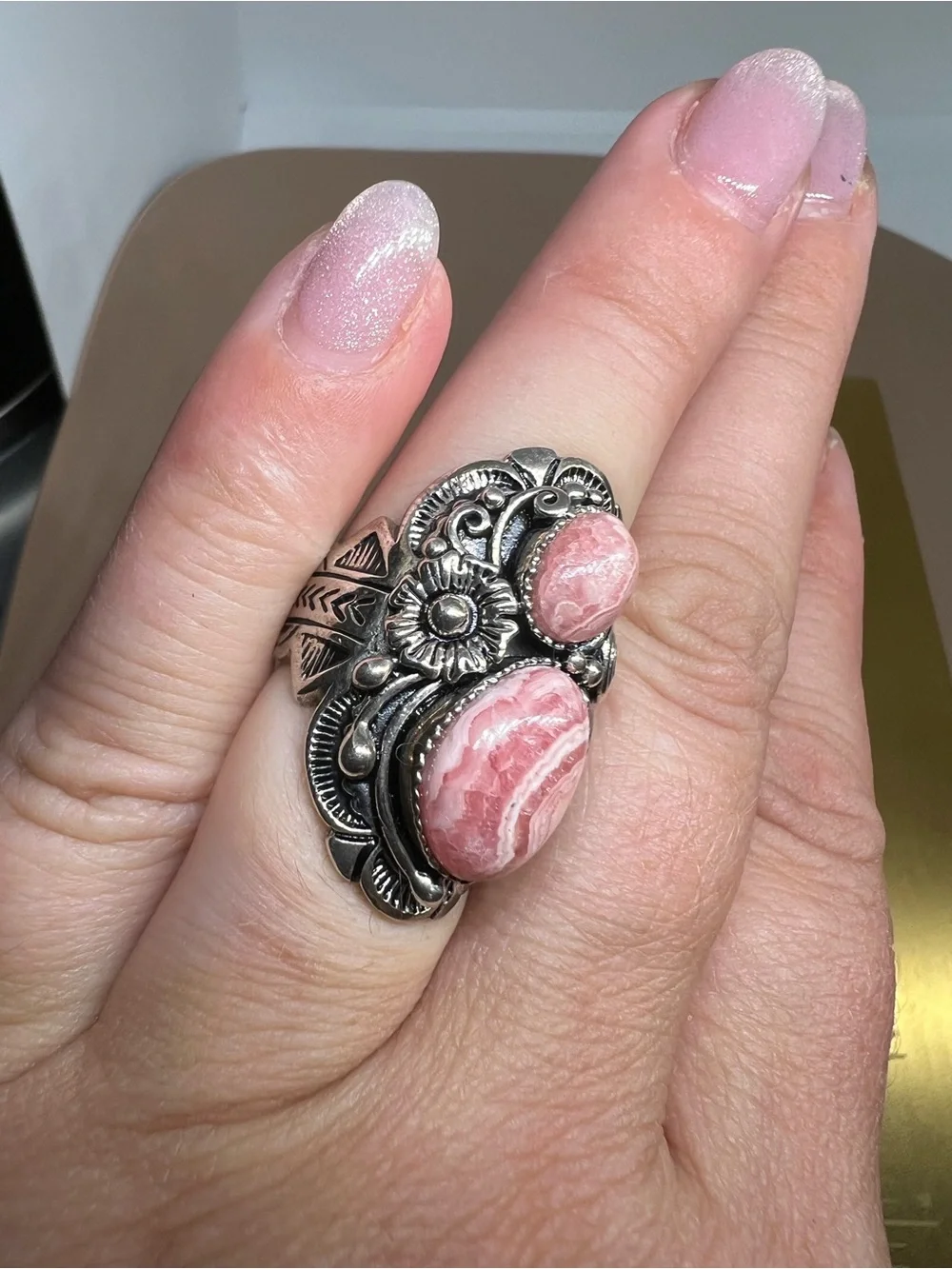Sterling Silver Pink Rhodochrosite Statement BBJ Ring